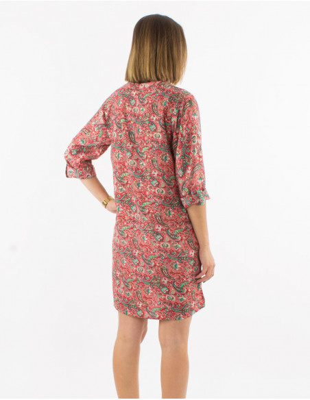 Polyester buttoned dress with roll-up 3/4 sleeves and golden cachemire print