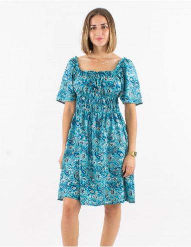 Short polyester dress with Short sleeves and silver cachemire print