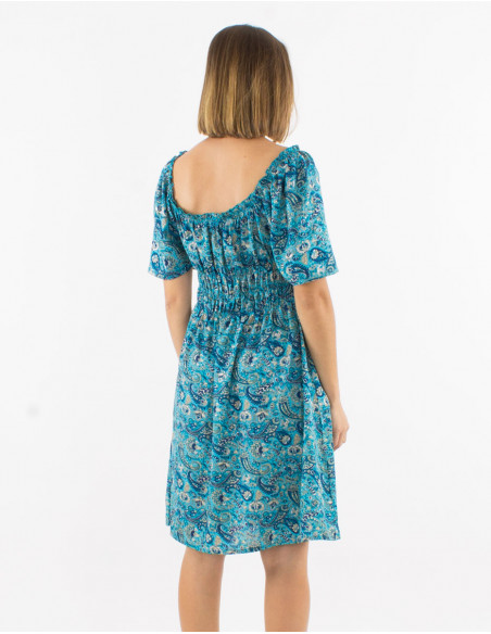 Robe courte polyester manches courtes imprimé cachemire doré