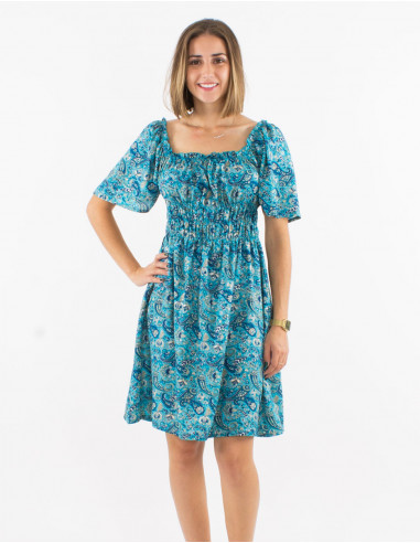 Robe courte polyester manches courtes imprimé cachemire doré