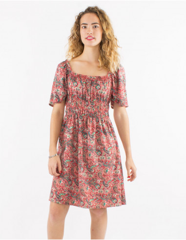 Short polyester dress with Short sleeves and silver cachemire print