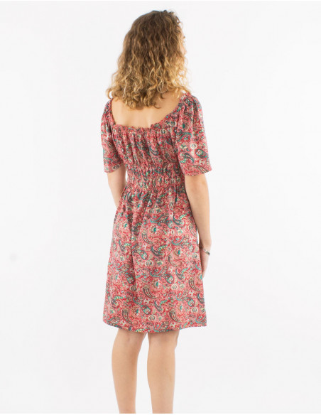 Robe courte polyester manches courtes imprimé cachemire doré