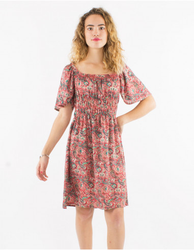 Robe courte polyester manches courtes imprimé cachemire doré