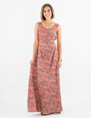 Long polyester sleeveless dress and golden cachemire print