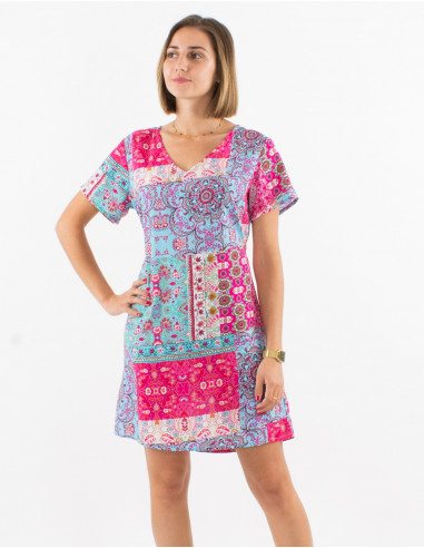 Short polyester dress with Short sleeves and fresque print