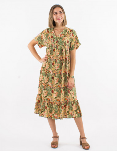 Polyester dress with short sleeves and cachemire print