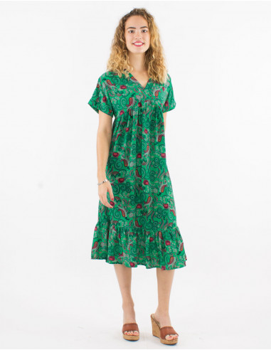 Polyester dress with short sleeves and cachemire print