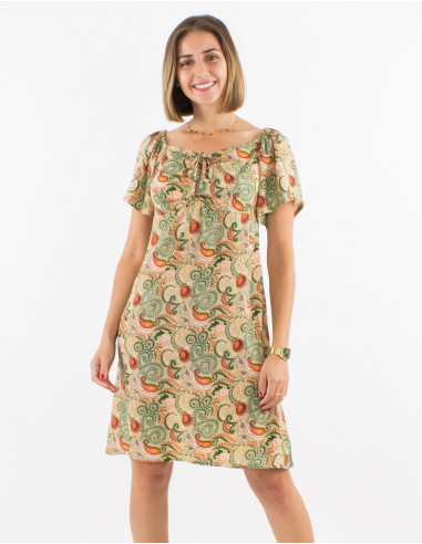 Short polyester dress with Short sleeves and cachemire print