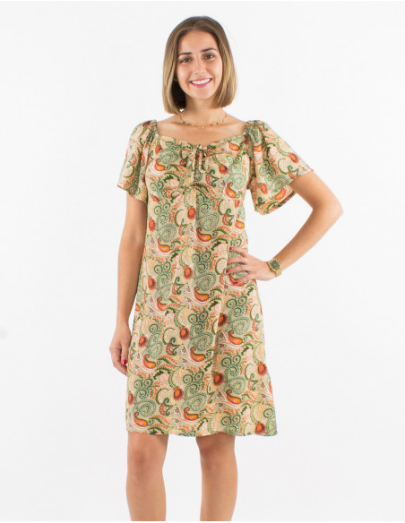 Robe courte polyester manches courtes imprimé cachemire