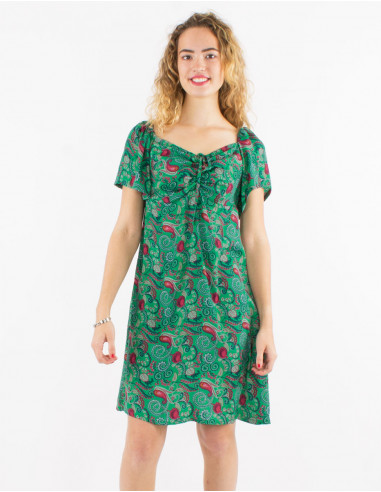 Short polyester dress with Short sleeves and cachemire print