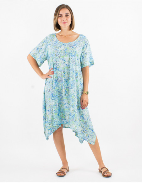 Polyester dress with short sleeves and sunflower print