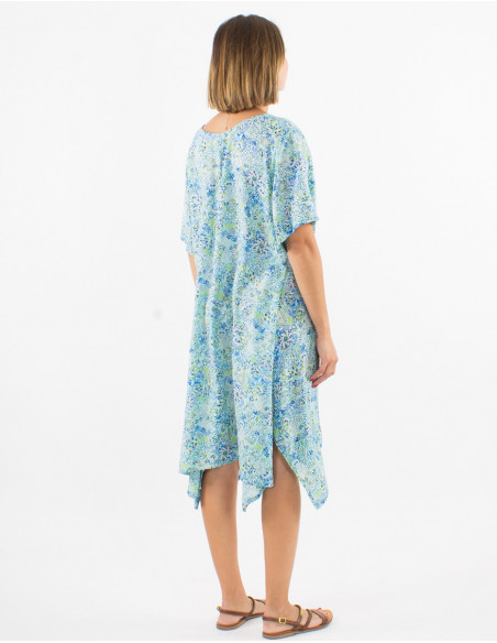 Polyester dress with short sleeves and sunflower print