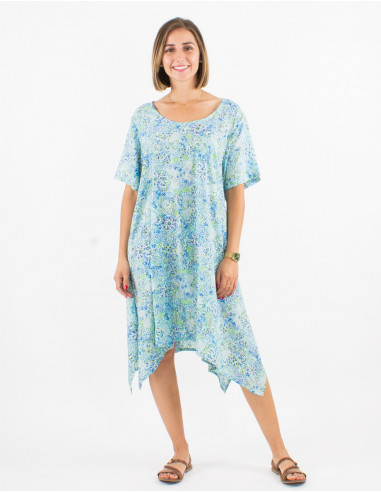 Polyester dress with short sleeves and sunflower print