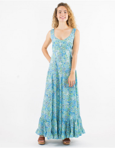 Long polyester dress with large straps and sunflower print