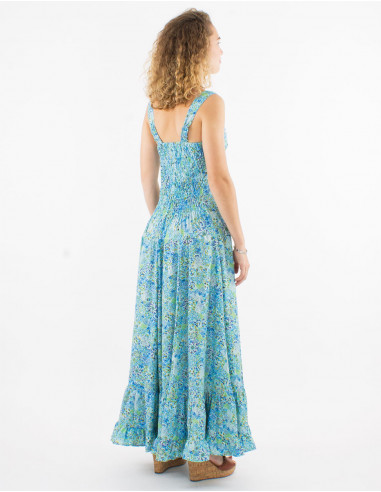 Long polyester dress with large straps and sunflower print