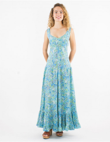 Long polyester dress with large straps and sunflower print