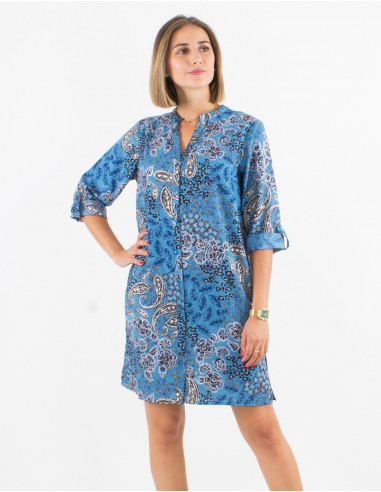 Polyester buttoned dress with roll-up 3/4 sleeves and silver pansy print