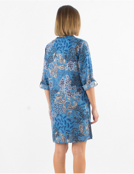 Polyester buttoned dress with roll-up 3/4 sleeves and silver pansy print