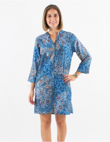 Polyester buttoned dress with roll-up 3/4 sleeves and silver pansy print