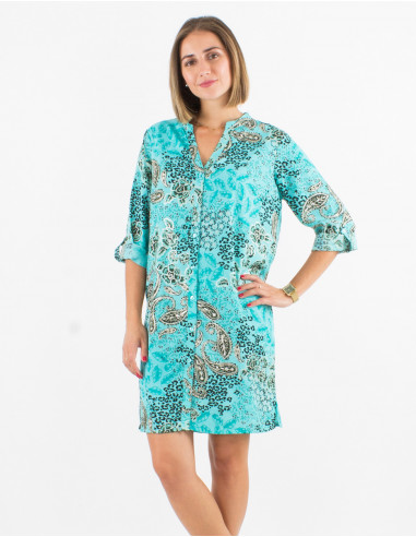Polyester buttoned dress with roll-up 3/4 sleeves and silver pansy print