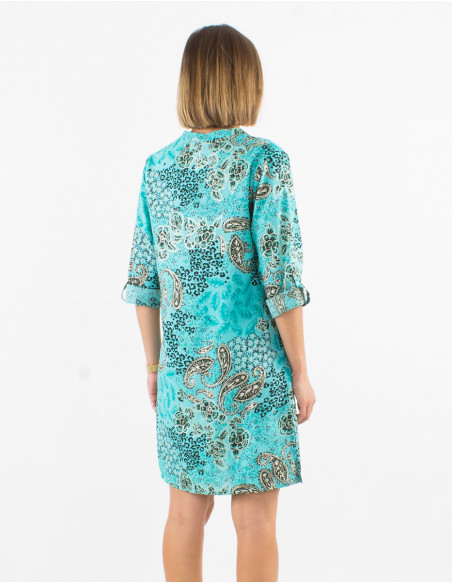 Polyester buttoned dress with roll-up 3/4 sleeves and silver pansy print