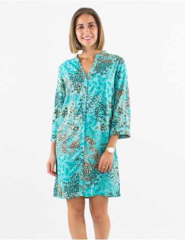 Polyester buttoned dress with roll-up 3/4 sleeves and silver pansy print