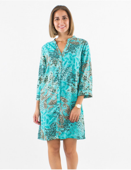 Polyester buttoned dress with roll-up 3/4 sleeves and silver pansy print