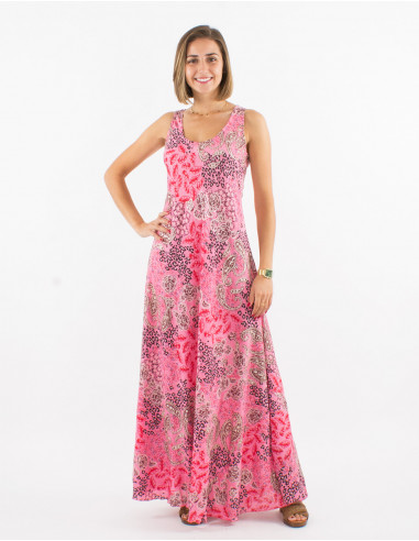 Long polyester sleeveless dress and silver pansy print