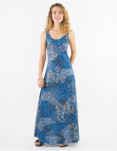 Long polyester sleeveless dress and silver pansy print