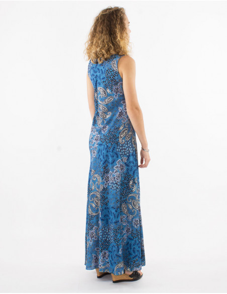 Long polyester sleeveless dress and silver pansy print