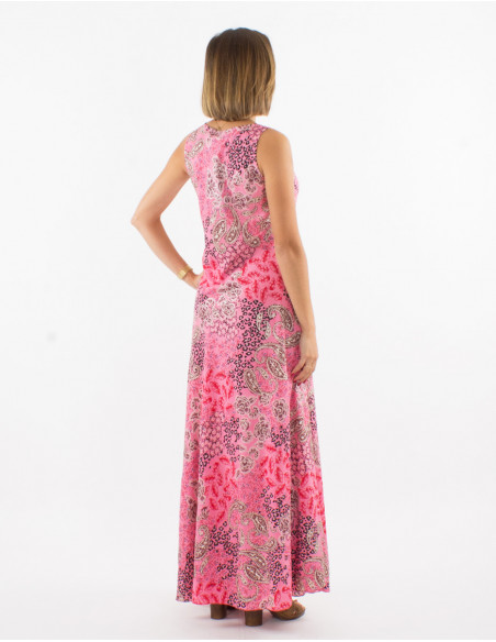 Long polyester sleeveless dress and silver pansy print