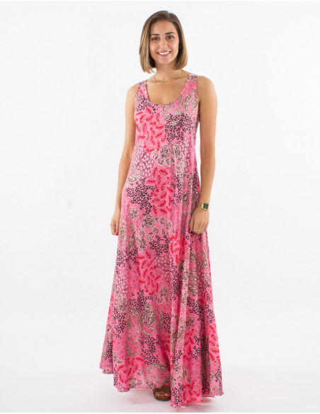 Long polyester sleeveless dress and silver pansy print
