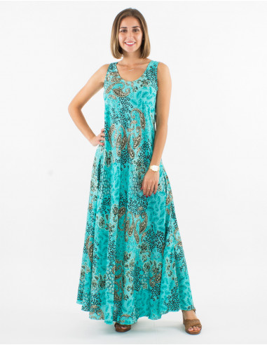 Long polyester sleeveless dress and silver pansy print