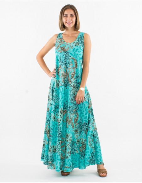 Long polyester sleeveless dress and silver pansy print