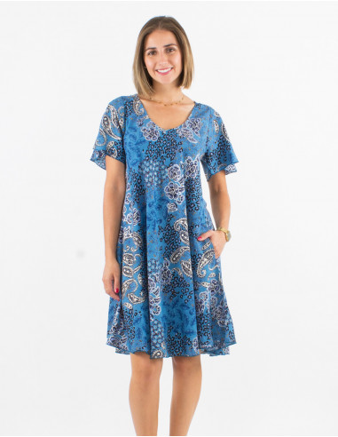 Short polyester umbrella dress with Short sleeves and silver pansy print