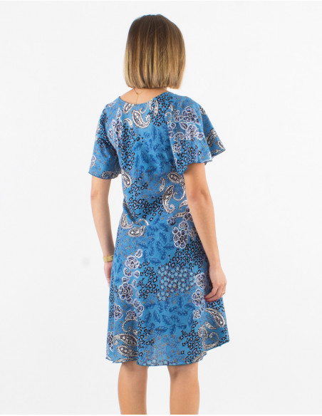 Robe courte polyester parapluie manches courtes imprimé pansy argenté