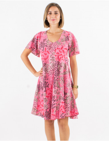 Short polyester umbrella dress with Short sleeves and silver pansy print