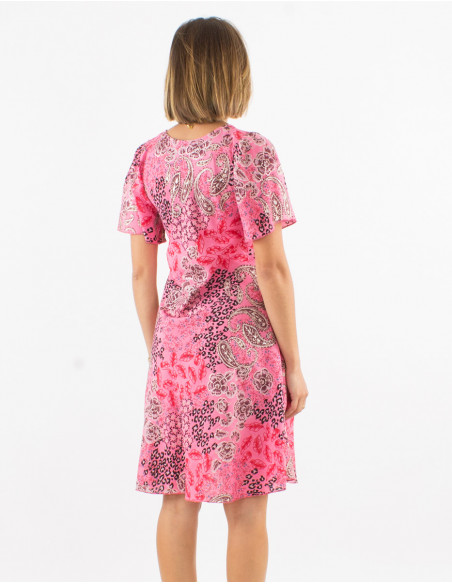 Robe courte polyester parapluie manches courtes imprimé pansy argenté