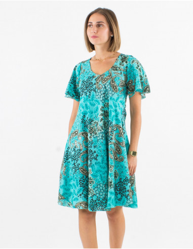 Short polyester umbrella dress with Short sleeves and silver pansy print