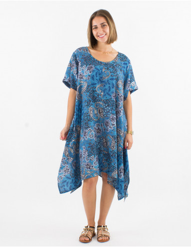 Polyester dress with short sleeves and silver pansy print