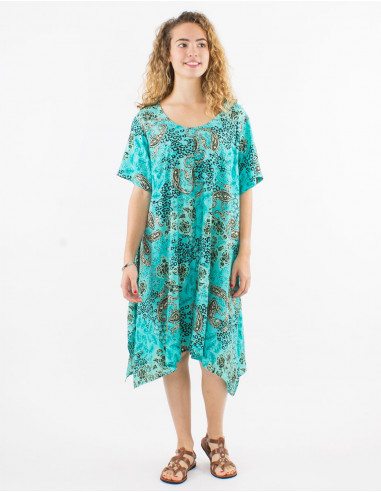 Polyester dress with short sleeves and silver pansy print
