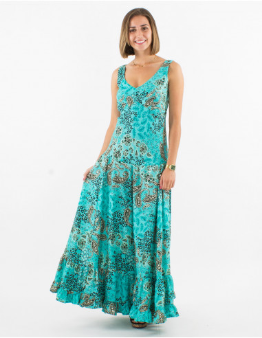 Long polyester dress with large straps and silver pansy print