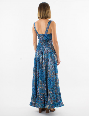 Long polyester dress with large straps and silver pansy print