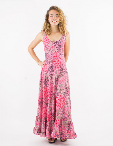 Long polyester dress with large straps and silver pansy print
