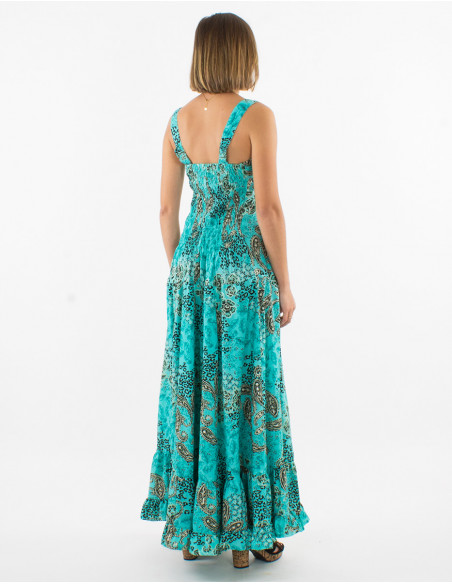 Long polyester dress with large straps and silver pansy print