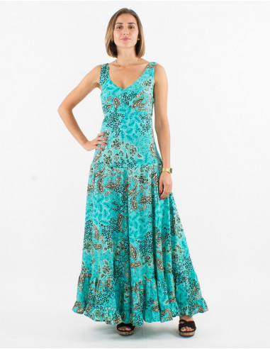 Long polyester dress with large straps and silver pansy print