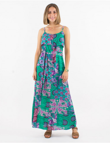 Long viscose dress with straps and ethno print