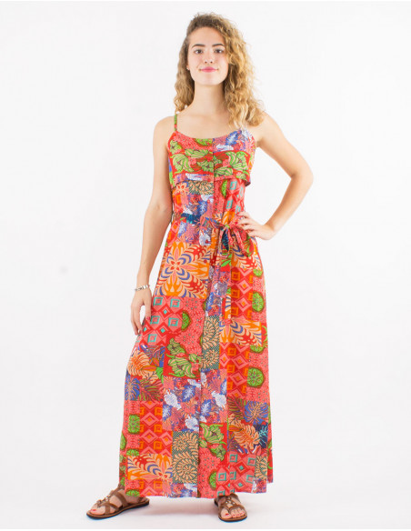 Long viscose dress with straps and ethno print