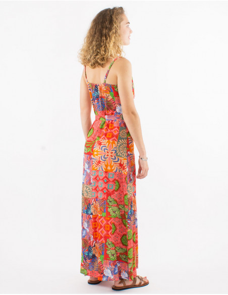 Long viscose dress with straps and ethno print