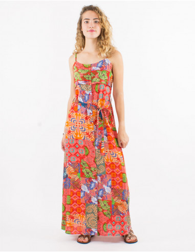 Long viscose dress with straps and ethno print